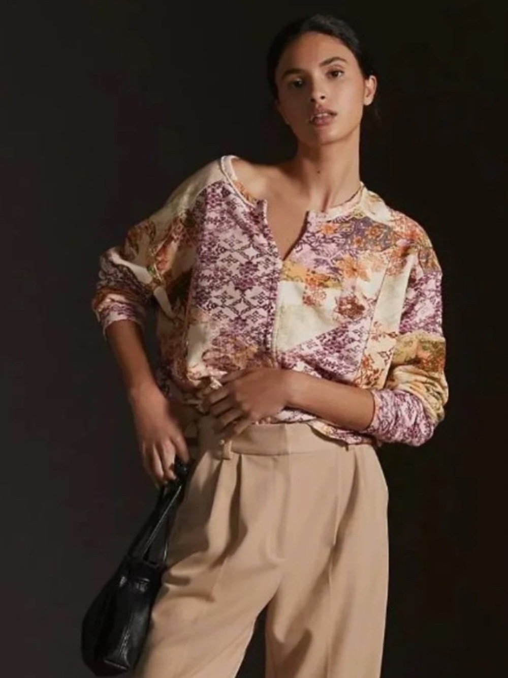 Pilcro by Anthropologie Patchwork Sweatshirt in Neutral Motif Size Small